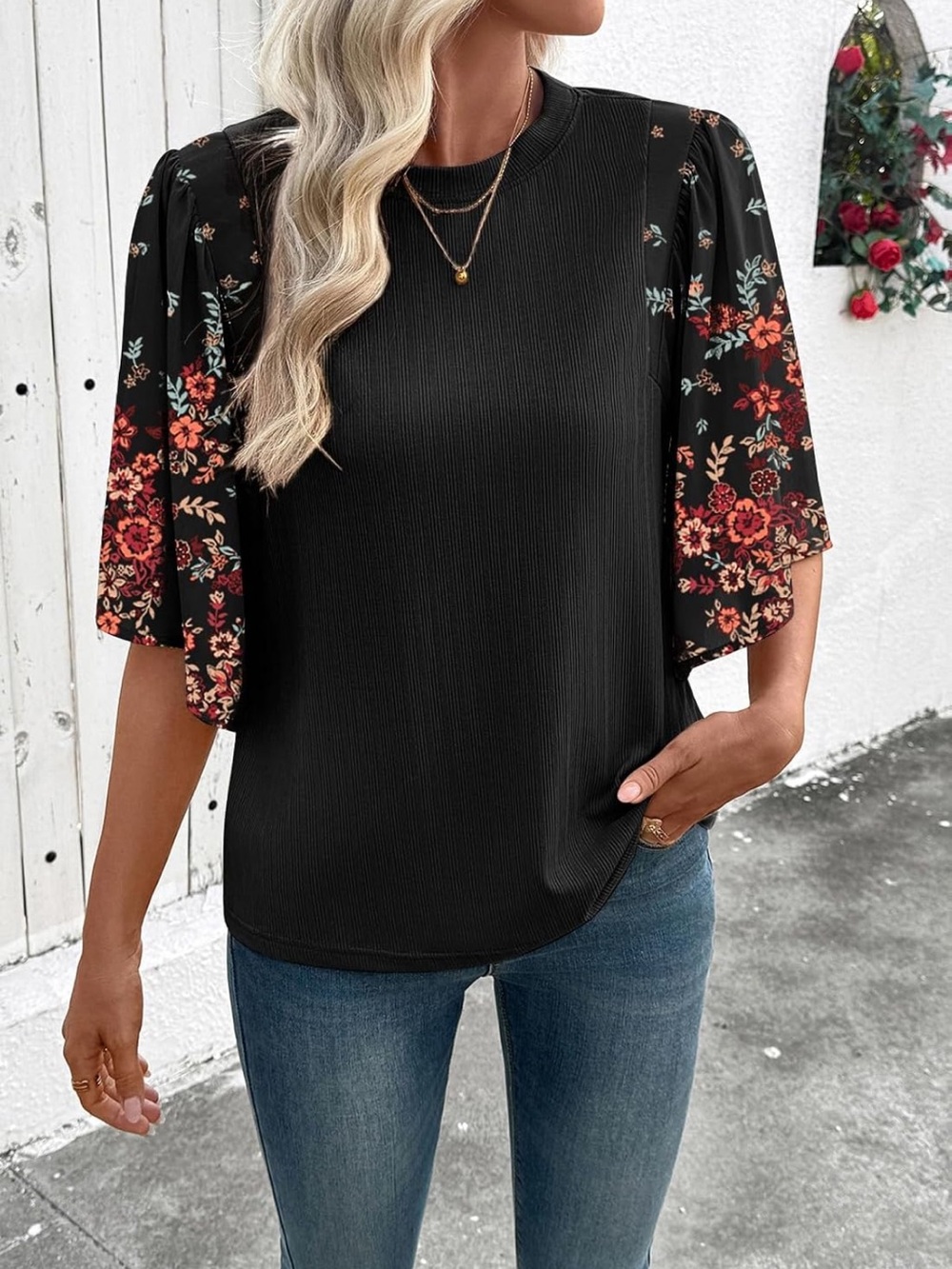 EVALESS 3/4 Length Bell Sleeve Top Floral Print Teacher Outfit Blouse Dressy XL